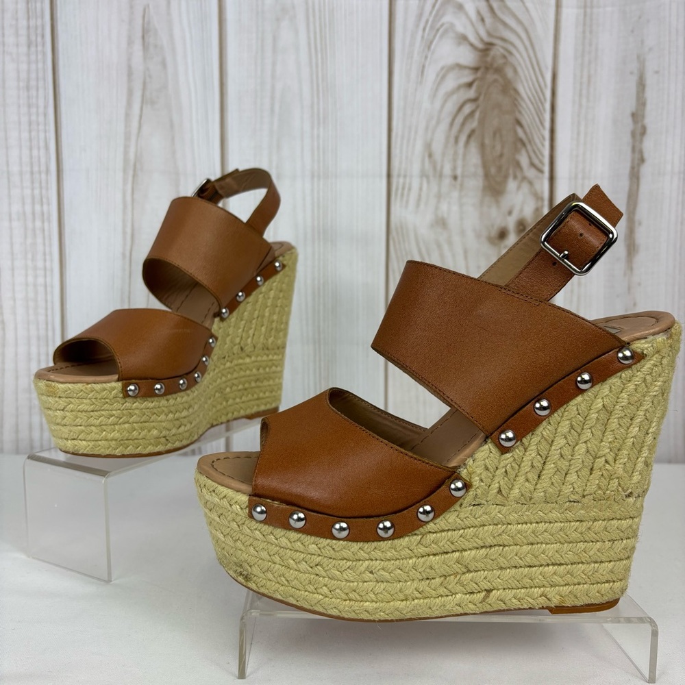 Steve Madden Leather Espadrille Platform Wedges Studded Classic Cognac Size 9.5